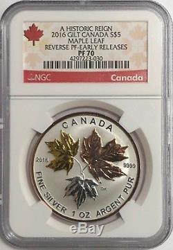 2016 $5 Canada Silver Maple Leaf Gilt Ngc Pf70 Reverse Proof Er Pink Gold 1 Oz