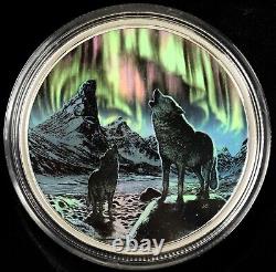 2016 CANADA $30 FINE SILVER PROOF 2 Oz. NORTHERN LIGHTS Glow-in-Dark Wolves