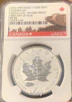 2016 Canada $5 Silver Reverse Proof Maple Leaf. 9999 NGC PF70 FDI Tank Privy Mr
