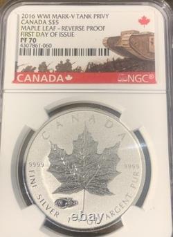 2016 Canada $5 Silver Reverse Proof Maple Leaf. 9999 NGC PF70 FDI Tank Privy Mr