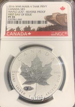2016 Canada $5 Silver Reverse Proof Maple Leaf. 9999 NGC PF70 FDI Tank Privy Mr