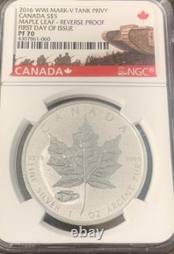 2016 Canada $5 Silver Reverse Proof Maple Leaf. 9999 NGC PF70 FDI Tank Privy Mr