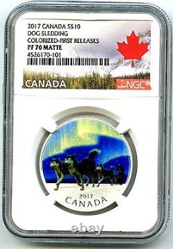 2017 $10 Canada Silver Proof Ngc Pf70 Dog Sledding Northern Lights First Release