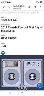 2017 Canada $25 Silver Football Proof 1st Day NGC GEM PROOF Joe Theismann Signed