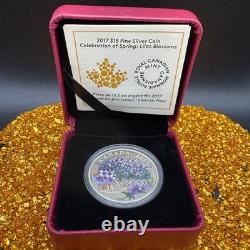 2017 Canadian $15.999 Silver. 75 oz Spring Lilac Blossoms, COA, Leather Case
