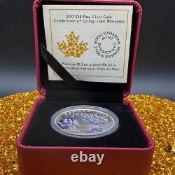 2017 Canadian $15.999 Silver. 75 oz Spring Lilac Blossoms, COA, Leather Case