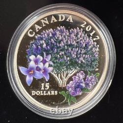 2017 Canadian $15.999 Silver. 75 oz Spring Lilac Blossoms, COA, Leather Case