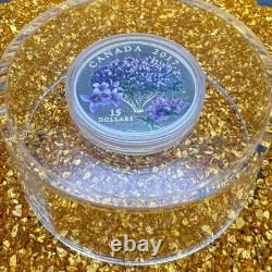 2017 Canadian $15.999 Silver. 75 oz Spring Lilac Blossoms, COA, Leather Case