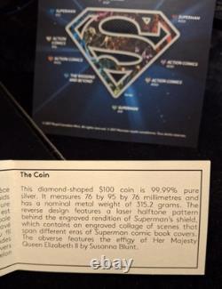 2017 RCM 10 oz $100 DC Comics Superman's Shield Silver Coin Hologram Inside Coin