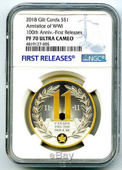 2018 $1 Canada Gilt Silver Dollar Armistice Wwi Ngc Pf70 Uc Proof First Releases