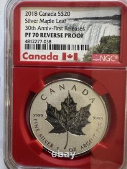 2018 1oz 9999 FINE SILVER MAPLE LEAF 30th ANNIV. 1st RELEASE NGC PF 70 REV PF