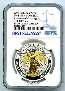 2018 $20 Canada Gilt Silver Ngc Pf70 Armistice Of Compienge Proof First Releases