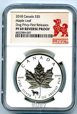 2018 $5 Canada 1 Oz Silver Maple Leaf Dog Privy Ngc Pf69 Fr Reverse Proof