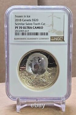 2018 Canada $20 Frozen In Ice Scimitar Sabre-tooth Cat Ngc Pf70 Silver Coin