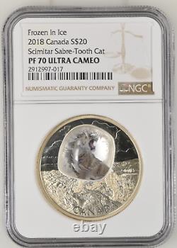 2018 Canada $20 Frozen In Ice Scimitar Sabre-tooth Cat Ngc Pf70 Silver Coin