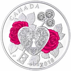 2018 Celebration Love $3 Pure Silver Proof Coin Canada Heart Key Crystals