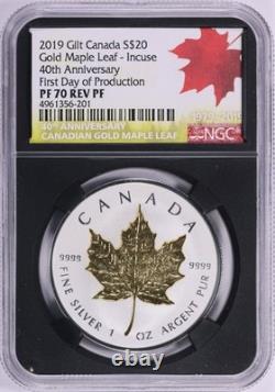 2019 Canada Silver $20 Maple Leaf Gold Incuse First Day NGC Reverse Proof PF70