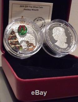 2019 Murano Holiday Wreath Magic $20 1OZ Pure Silver Proof Coloured Coin Canada