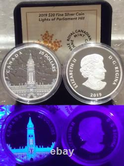 2019 Northern Lights Parliament Hill Glow-Dark $20 1OZ Silver Proof Coin Canada