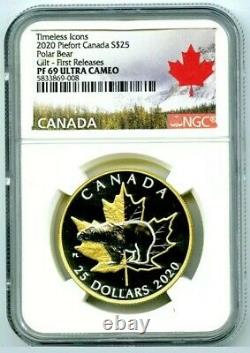 2020 $25 Canada Silver Proof Gold Plate Piefort Ngc Pf69 Uc Polar Bear Piedfort
