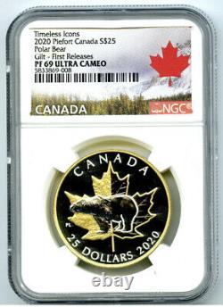 2020 $25 Canada Silver Proof Gold Plate Piefort Ngc Pf69 Uc Polar Bear Piedfort