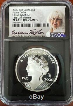 2020-ultra High Relief Canada Peace Dollar-ngc Pf70-taylor Signed-population 628