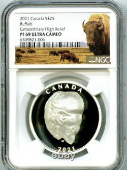 2021 $25 Canada 1oz Silver Proof Ngc Pf69 Ucam Extraordinary High Relief Buffalo