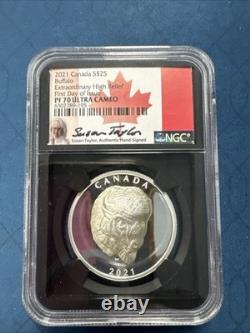 2021 Canada Silver $25 Buffalo Extraordinary High Relief NGC PF70 Signed FDOI