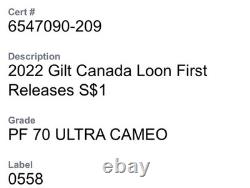 2022 $1 CANADA SILVER LOONIE WithGOLD GILT NGC PF70 UCAM LOON FIRST RELEASES