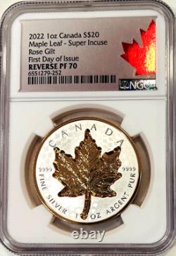 2022 Canada $20 Super Incuse MAPLE LEAF Rose Gilt 1 Oz NGC REV PF 70 FDOI