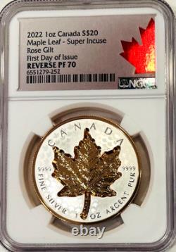 2022 Canada $20 Super Incuse MAPLE LEAF Rose Gilt 1 Oz NGC REV PF 70 FDOI