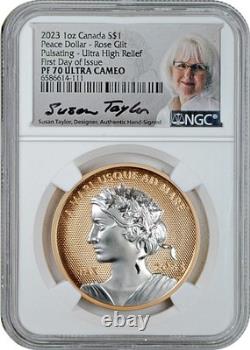2023 1 Oz Canada Peace Dollar Rose Gilt Pulsating Ultra High Relief NGC PF70UC