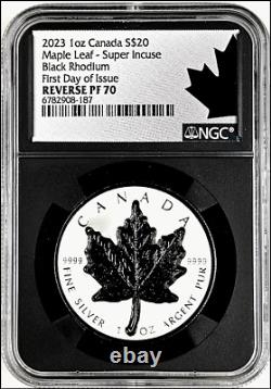 2023 1 oz Canada Maple Leaf Super Incuse Black Rhodium First Day of Issue PF 70