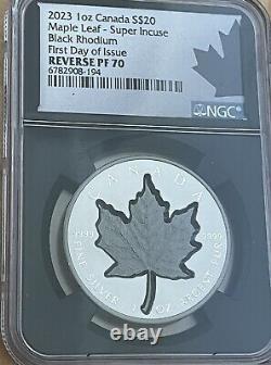 2023 Canada 1 oz Silver Maple Leaf Super Incuse Black Rhodium FDOI Reverse PF 70