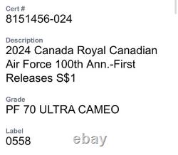 2024 $1 Canada Silver Dollar Proof Ngc Pf70 Maple Leaf Air Force First Releases