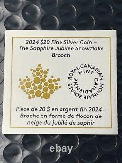 2024 $20 Canada 1 Oz 9999 Silver Proof Sapphire Jubilee Snowflake Brooch Fr