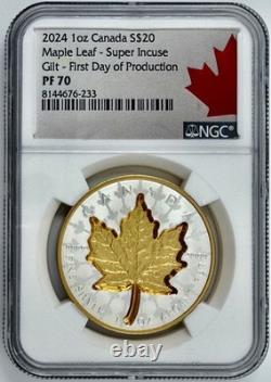 2024 $20 Canada Maple Leaf Super Incuse Gilt NGC Reverse Proof 70 First Day Prod