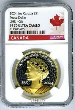 2024 CANADA 1OZ SILVER PROOF NGC PF70 ULTRA HIGH RELIEF UHR PEACE DOLLAR With GOLD