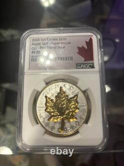 2024 Canada Super Incuse Maple Leaf 1 Oz Silver Gilt NGC PF70 First Day Issue