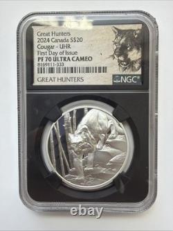 2024 First Day Issue $20 Canada 1 oz Silver Cougar UHR Great Hunters NGC PR70