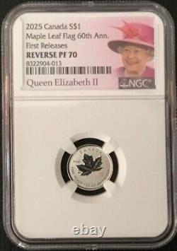 2025 $1 1/20 Oz Silver Canada 60th Maple Leaf Flag Ngc Pf70 Queen Elizabeth Fr