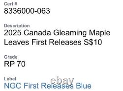 2025 $10 Canada. 9999 Silver Ngc Rev Proof Pf70 Gleaming Maple Leaf Leaves Fr