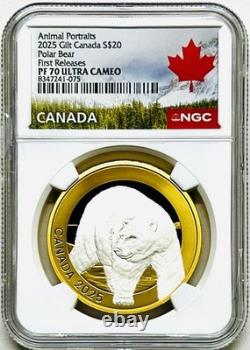 2025 $20 Canada 1 Oz Silver Proof Gilt Ngc Pf70 Animal Portrait Polar Bear Fr