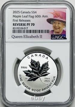 2025 $4 1/2 Oz Silver Canada Maple Leaf Flag 60th Ngc Pf70 Queen Elizabeth Fr