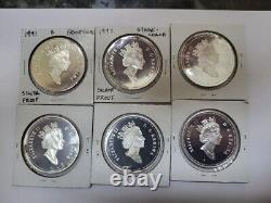 6 SILVER PROOF Canada Dollars 1991, 92, 93, 94, 95,96 Hockey McIntosh Horses