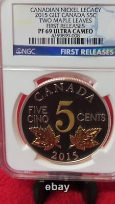 CANADIAN NICKEL 2015 GILT CANADA 9999 Silver PROOF TWO MAPLE LEAVES NGC PF69
