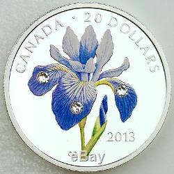 Canada 2013 $20 Blue Flag Iris 1 oz Pure Silver Color Proof 3 Swarovski Crystals