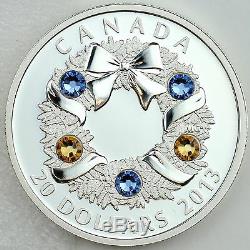 Canada 2013 Holiday Wreath 1 oz Pure Silver $20 Proof Coin, 5 Swarovski Crystals