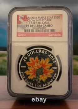 Canada 2014 $20 Maple Leaves Glow-in-the-Dark 1 oz. Pure Silver Color Proof Coin