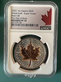 Canada 2022 Super Incuse Maple Leaf Rose Gold 1oz Silver FDOI FIRST DAY PF70 COA